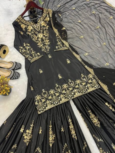 Black Heavy Embroidered Natural Crepe Sharara Suit Set with Georgette Dupatta Ready to Wear Party Wear for Resellers Ready To Wear Collection