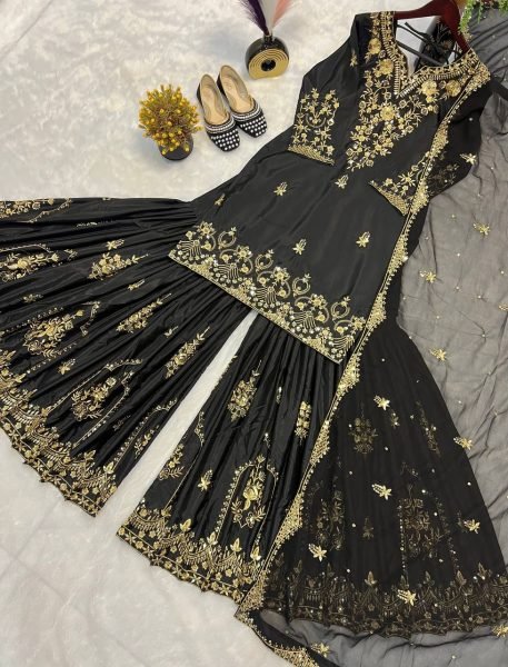 Black Heavy Embroidered Natural Crepe Sharara Suit Set with Georgette Dupatta Ready to Wear Party Wear for Resellers Ready To Wear Collection