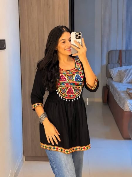Black Heavy Rayon Gamthi Lace Short Kurti with Real Mirror Work For Navrati