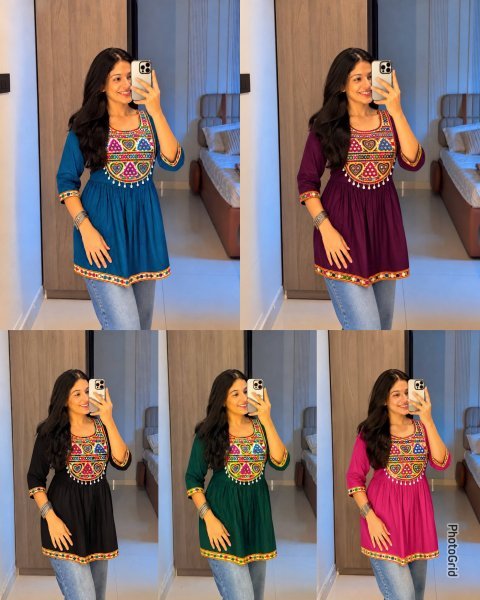 Black Heavy Rayon Gamthi Lace Short Kurti with Real Mirror Work For Navrati Tunics kurti