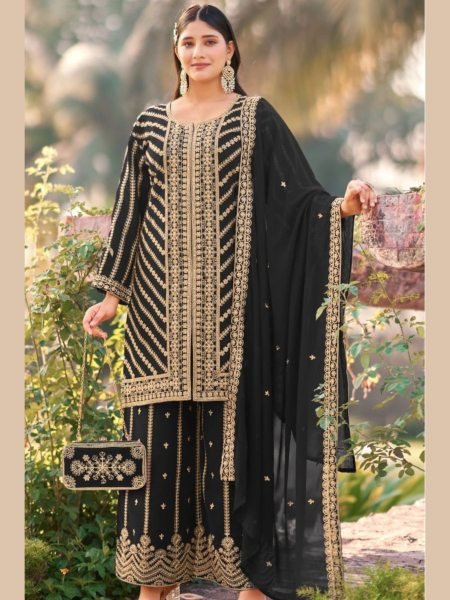 Black Heavy Real Georgette Embroidered Palazzo Suit Set with Dupatta for Party Wear Salwar Kameez