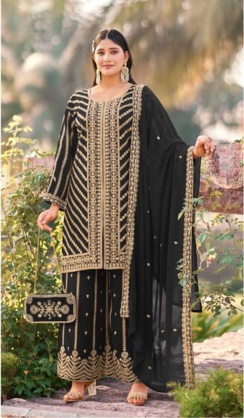 Black Heavy Real Georgette Embroidered Palazzo Suit Set with Dupatta for Party Wear Designer Plazzo Salwar Suits Wholesale