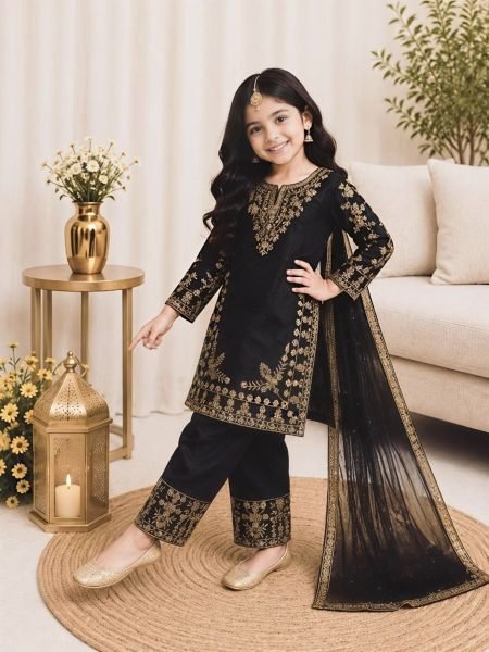 Black Kids Designer Fendy Silk Top Palazzo Set with Embroidery Sequins at Manufacturer  Kurtis