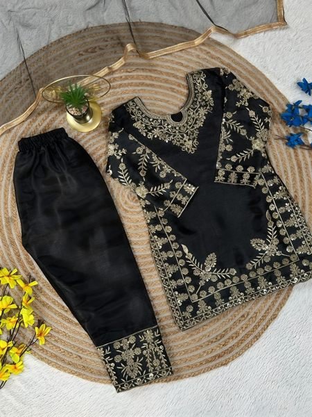 Black Kids Designer Fendy Silk Top Palazzo Set with Embroidery Sequins at Manufacturer  Girls Wear