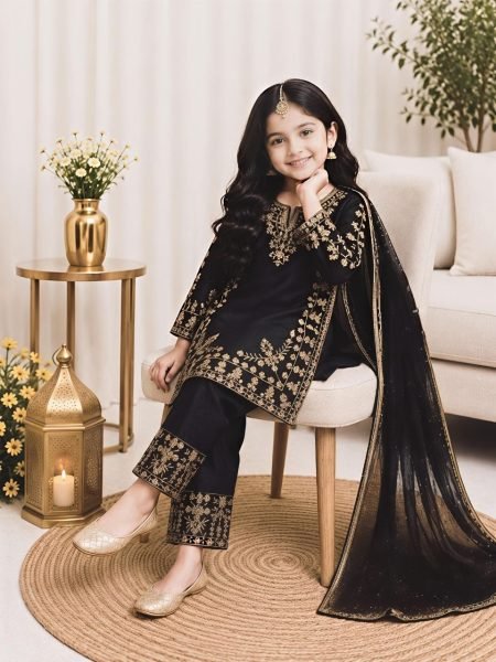 Black Kids Designer Fendy Silk Top Palazzo Set with Embroidery Sequins at Manufacturer  Girls Wear