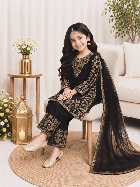 Black Kids Designer Fendy Silk Top Palazzo Set with Embroidery Sequins at Manufacturer  Girls Wear