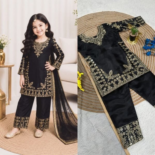Black Kids Designer Fendy Silk Top Palazzo Set with Embroidery Sequins at Manufacturer  Girls Wear
