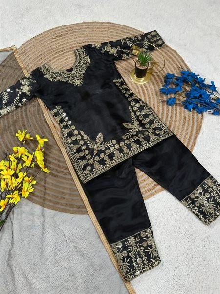 Black Kids Designer Fendy Silk Top Palazzo Set with Embroidery Sequins at Manufacturer  Girls Wear