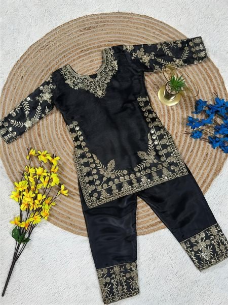 Black Kids Designer Fendy Silk Top Palazzo Set with Embroidery Sequins at Manufacturer  Girls Wear