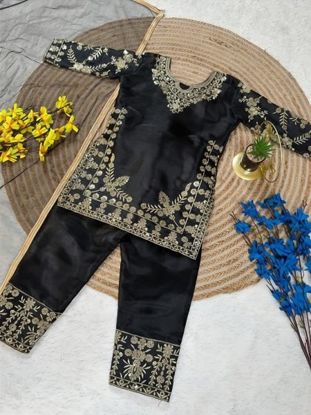 Black Kids Designer Fendy Silk Top Palazzo Set with Embroidery Sequins at Manufacturer  Girls Wear