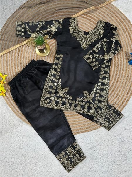 Black Kids Designer Fendy Silk Top Palazzo Set with Embroidery Sequins at Manufacturer  Girls Wear