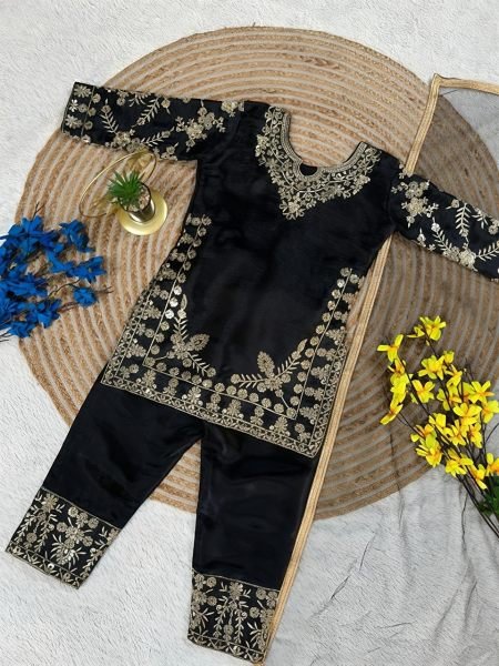 Black Kids Designer Fendy Silk Top Palazzo Set with Embroidery Sequins at Manufacturer  Girls Wear