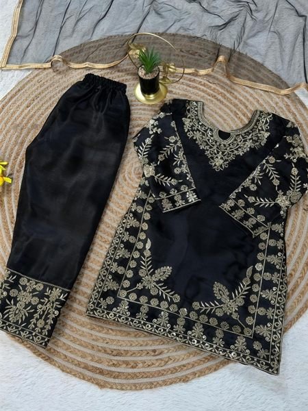 Black Kids Designer Fendy Silk Top Palazzo Set with Embroidery Sequins at Manufacturer  Girls Wear