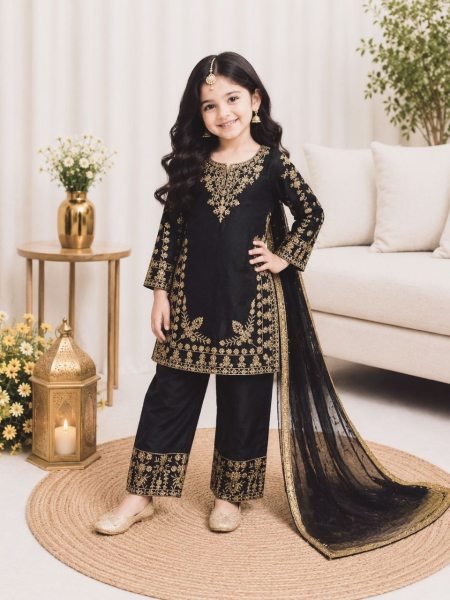 Black Kids Designer Fendy Silk Top Palazzo Set with Embroidery Sequins at Manufacturer  Girls Wear