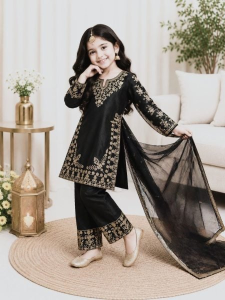 Black Kids Designer Fendy Silk Top Palazzo Set with Embroidery Sequins at Manufacturer  Girls Wear