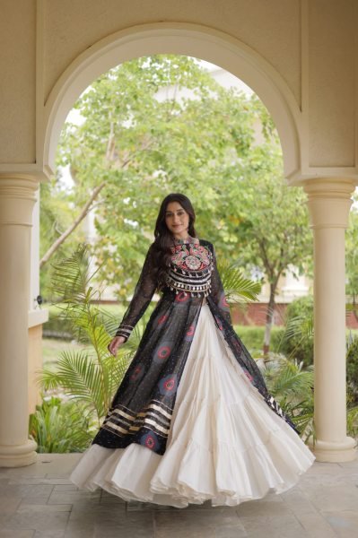 Black Kora Cotton Navratri Lehenga Kurti Set with Kutchi Patchwork at Wholesale Rate Navratri Lehnega Choli