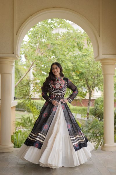 Black Kora Cotton Navratri Lehenga Kurti Set with Kutchi Patchwork at Wholesale Rate Navratri Lehnega Choli