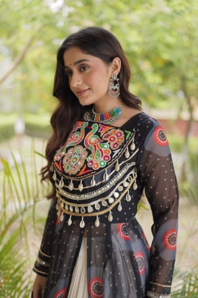 Black Kora Cotton Navratri Lehenga Kurti Set with Kutchi Patchwork at Wholesale Rate Navratri Lehnega Choli