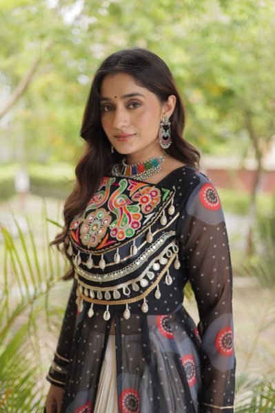Black Kora Cotton Navratri Lehenga Kurti Set with Kutchi Patchwork at Wholesale Rate Navratri Lehnega Choli