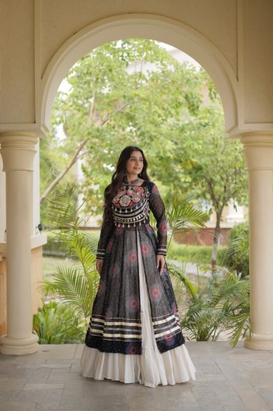 Black Kora Cotton Navratri Lehenga Kurti Set with Kutchi Patchwork at Wholesale Rate Navratri Lehnega Choli