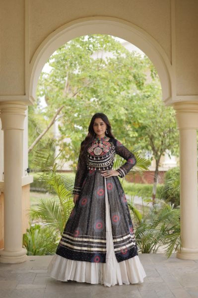 Black Kora Cotton Navratri Lehenga Kurti Set with Kutchi Patchwork at Wholesale Rate Navratri Lehnega Choli