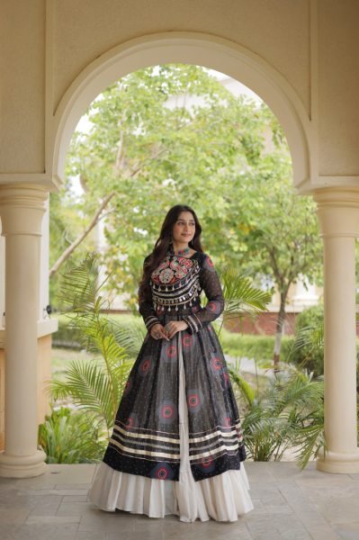 Black Kora Cotton Navratri Lehenga Kurti Set with Kutchi Patchwork at Wholesale Rate Navratri Lehnega Choli