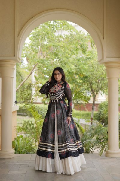 Black Kora Cotton Navratri Lehenga Kurti Set with Kutchi Patchwork at Wholesale Rate Navratri Lehnega Choli