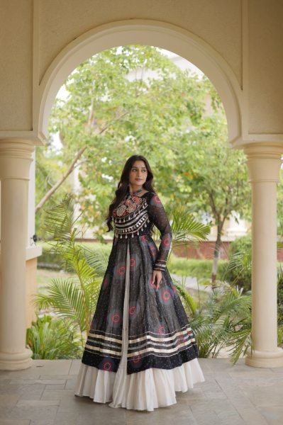 Black Kora Cotton Navratri Lehenga Kurti Set with Kutchi Patchwork at Wholesale Rate Navratri Lehnega Choli