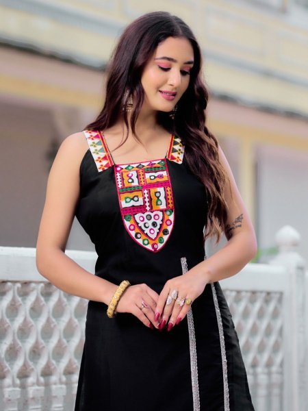 Black Kutchi Mirror Sleeveless Kurti Roman Silk Navratri Special Garba Outfit for Resellers  Shop by Occasion