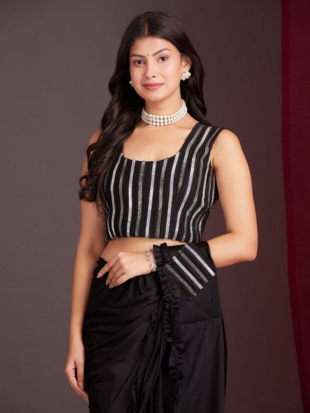 Black Lycra Readymade Saree with Frill Border Bold & Elegant Partywear Ready To Wear Saree 