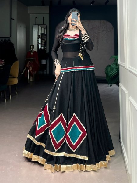 Black Marble Print Lehenga Choli with Sheer Tunic and Cowrie Bell Detailing for Navratri  Lehenga