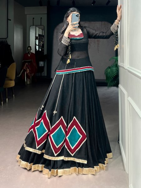 Black Marble Print Lehenga Choli with Sheer Tunic and Cowrie Bell Detailing for Navratri Navratri Lehnega Choli