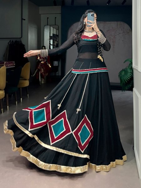 Black Marble Print Lehenga Choli with Sheer Tunic and Cowrie Bell Detailing for Navratri Navratri Lehnega Choli