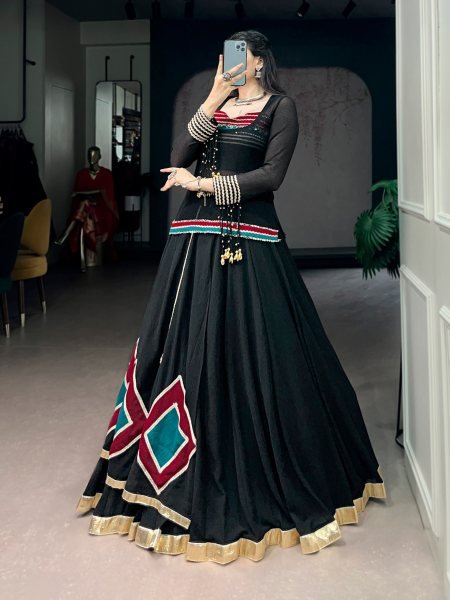 Black Marble Print Lehenga Choli with Sheer Tunic and Cowrie Bell Detailing for Navratri Navratri Lehnega Choli