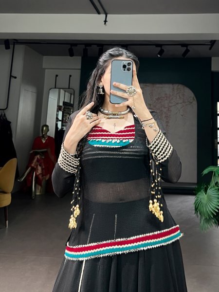Black Marble Print Lehenga Choli with Sheer Tunic and Cowrie Bell Detailing for Navratri Navratri Lehnega Choli