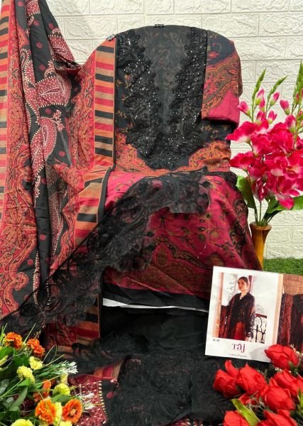 Black & Maroon Taj Pure Cotton Printed Top with Heavy Embroidery Pakistani Ethnic Wear at Wholesale Price Pakistani Suits Wholesale