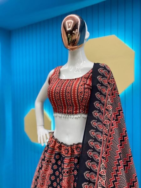 Black Maroon Reyon Printed Lehenga Choli With Kodi Work Navratri Lehnega Choli