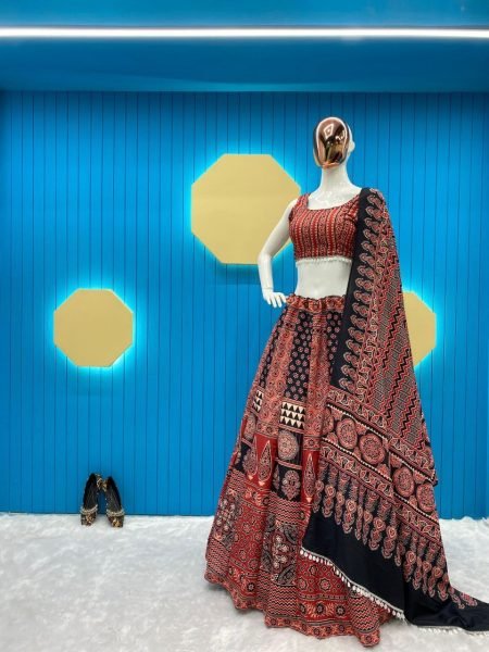Black Maroon Reyon Printed Lehenga Choli With Kodi Work Navratri Lehnega Choli