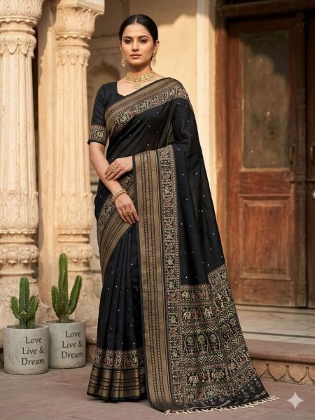 Black Marshmallow Silk Printed Saree with Aari Mirror Work for Festive Wear Silk Sarees Wholesale
