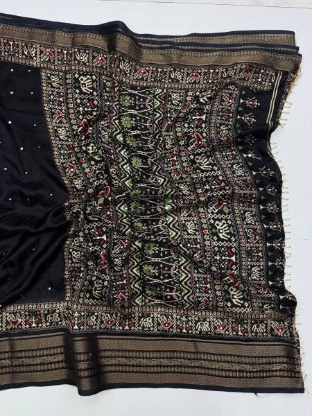 Black Marshmallow Silk Printed Saree with Aari Mirror Work for Festive Wear Silk Sarees Wholesale
