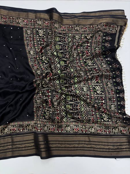 Black Marshmallow Silk Printed Saree with Aari Mirror Work for Festive Wear Silk Sarees Wholesale