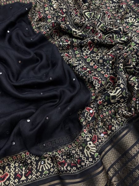 Black Marshmallow Silk Printed Saree with Aari Mirror Work for Festive Wear Silk Sarees Wholesale