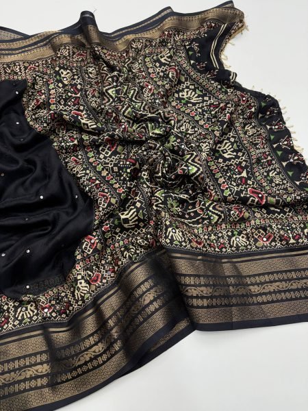 Black Marshmallow Silk Printed Saree with Aari Mirror Work for Festive Wear Silk Sarees Wholesale