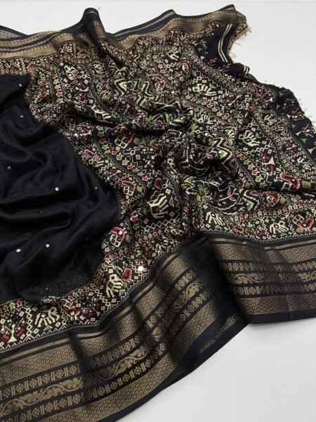 Black Marshmallow Silk Printed Saree with Aari Mirror Work for Festive Wear Silk Sarees Wholesale