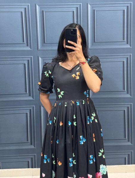 Black Muslin Cotton Floral Print Frock with Designer Sleeves Party Wear Outfit Cotton Kurtis Wholesale