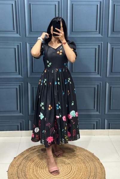 Black Muslin Cotton Floral Print Frock with Designer Sleeves Party Wear Outfit Cotton Kurtis Wholesale