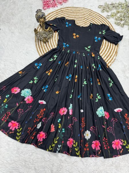 Black Muslin Cotton Floral Print Frock with Designer Sleeves Party Wear Outfit Cotton Kurtis Wholesale