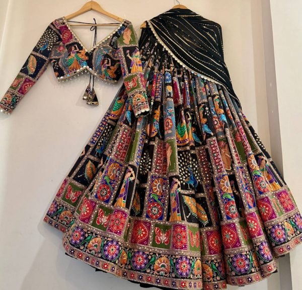 Black Silk Navratri Lehenga with Digital Prints and Real Mirror Work Designer Garba Wear Navratri Lehnega Choli