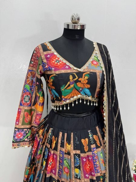 Black Silk Navratri Lehenga with Digital Prints and Real Mirror Work Designer Garba Wear Navratri Lehnega Choli