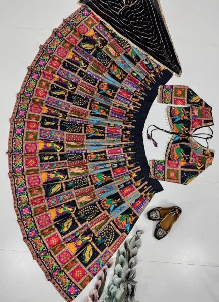 Black Silk Navratri Lehenga with Digital Prints and Real Mirror Work Designer Garba Wear Navratri Lehnega Choli